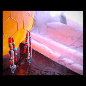 Hexagonal Silver and Turquoise Long Earrings